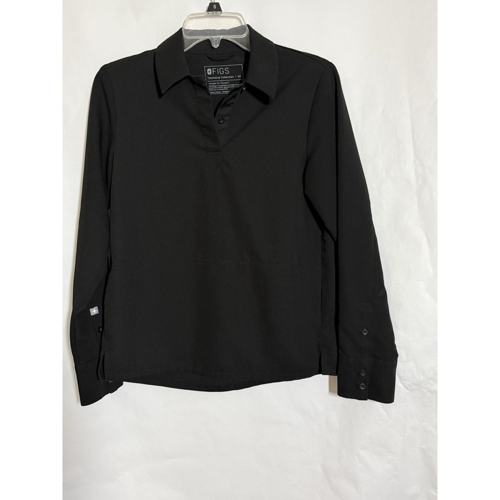 Figs Nala Top Long Sleeve Collared Technical Polo Scrub Black Womens XS